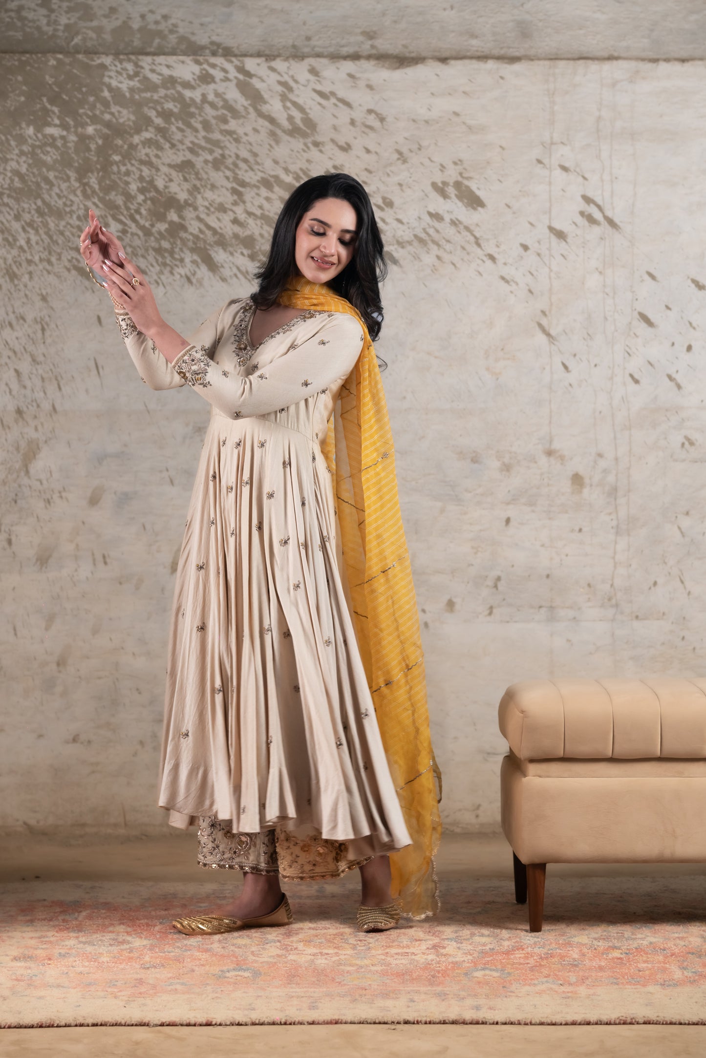 ECRU MOGA SILK ANARKALI