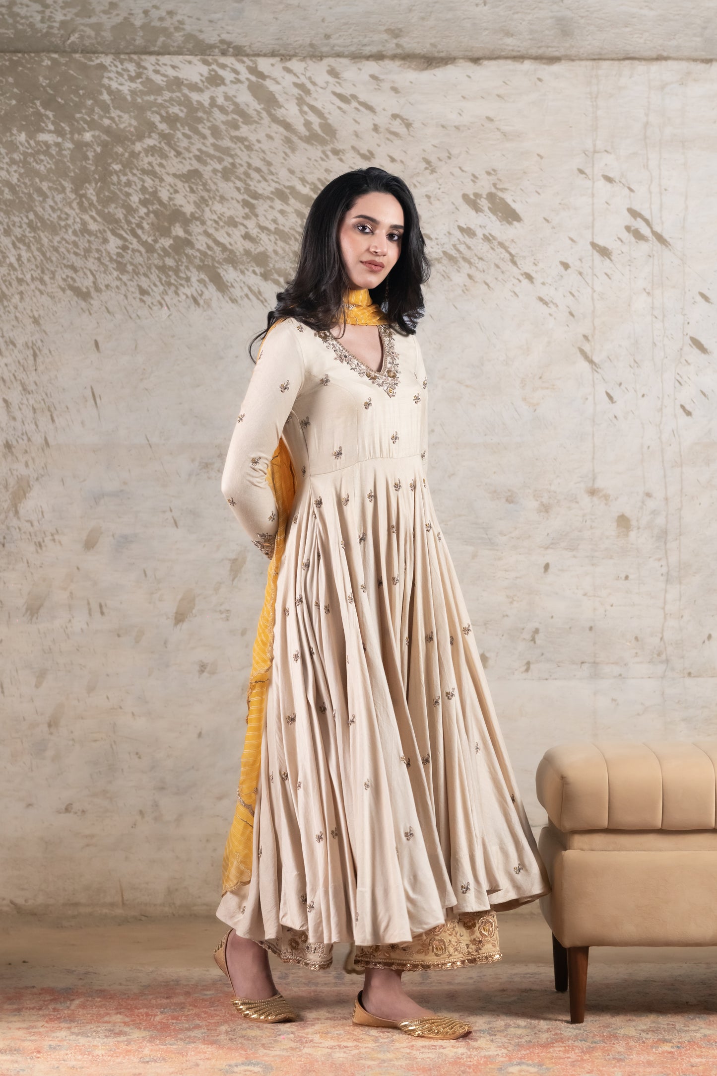 ECRU MOGA SILK ANARKALI