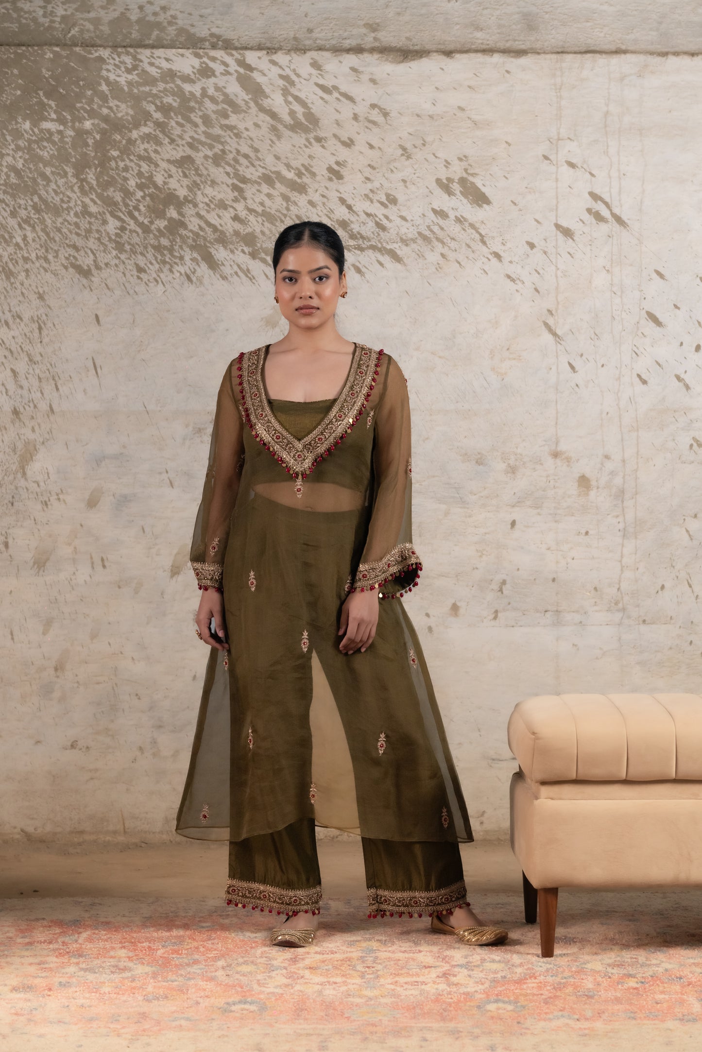 OLIVE GREEN SILK ORGANZA KURTA SET