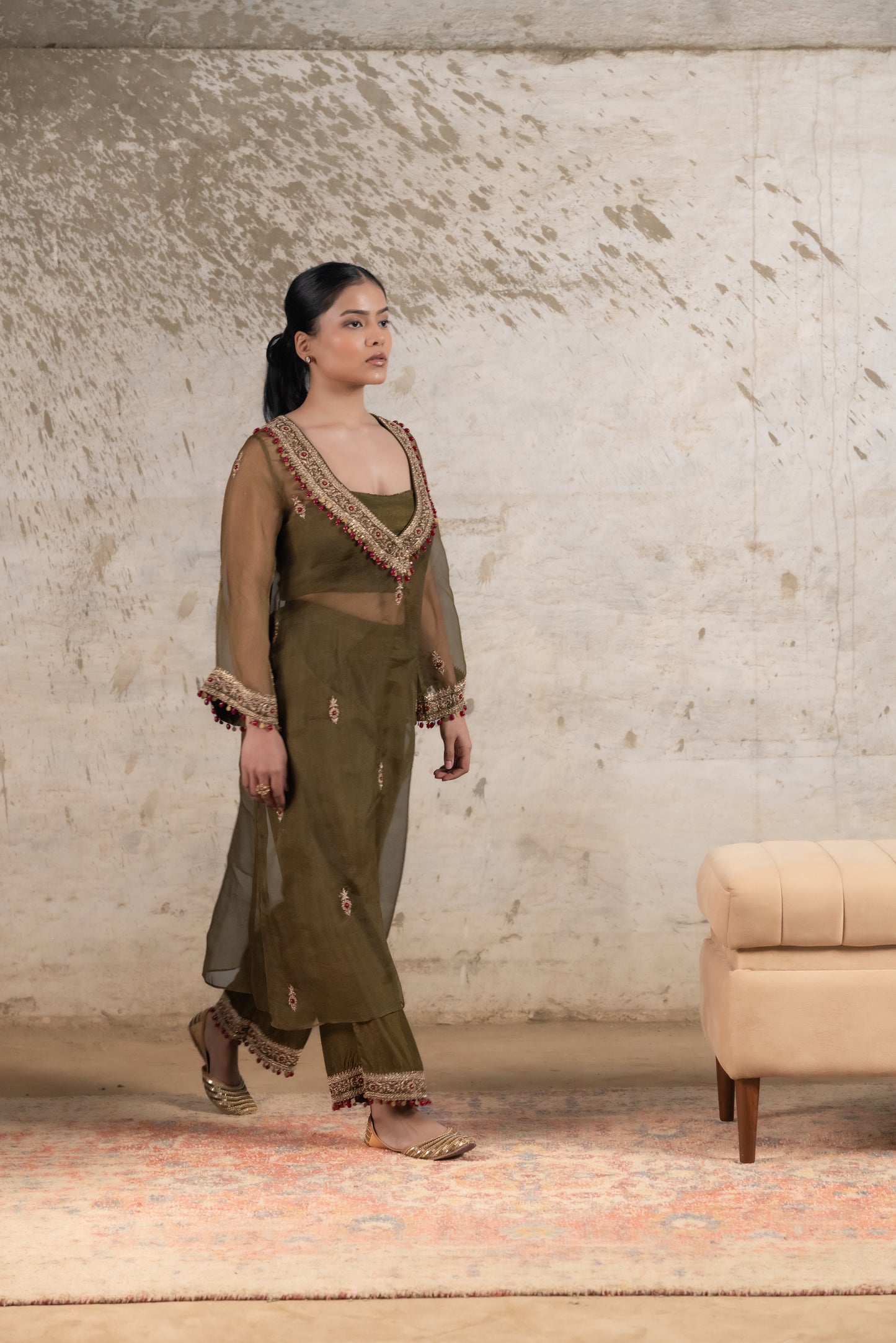 OLIVE GREEN SILK ORGANZA KURTA SET