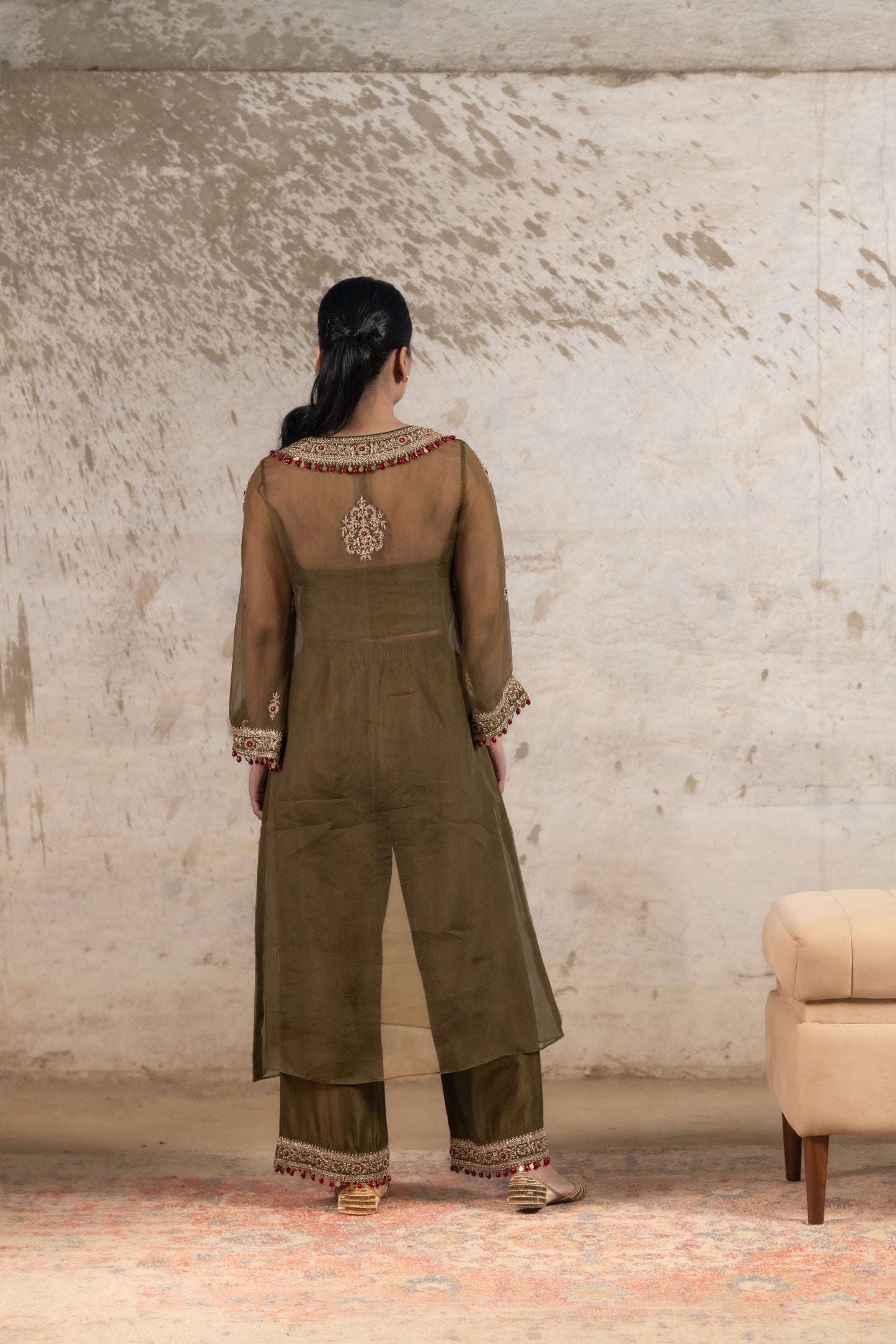 OLIVE GREEN SILK ORGANZA KURTA SET