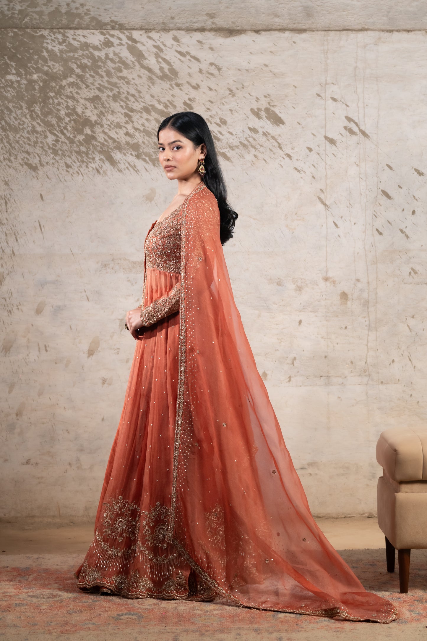 RUST CAPE WITH BUSTIER, SKIRT & DUPATTA