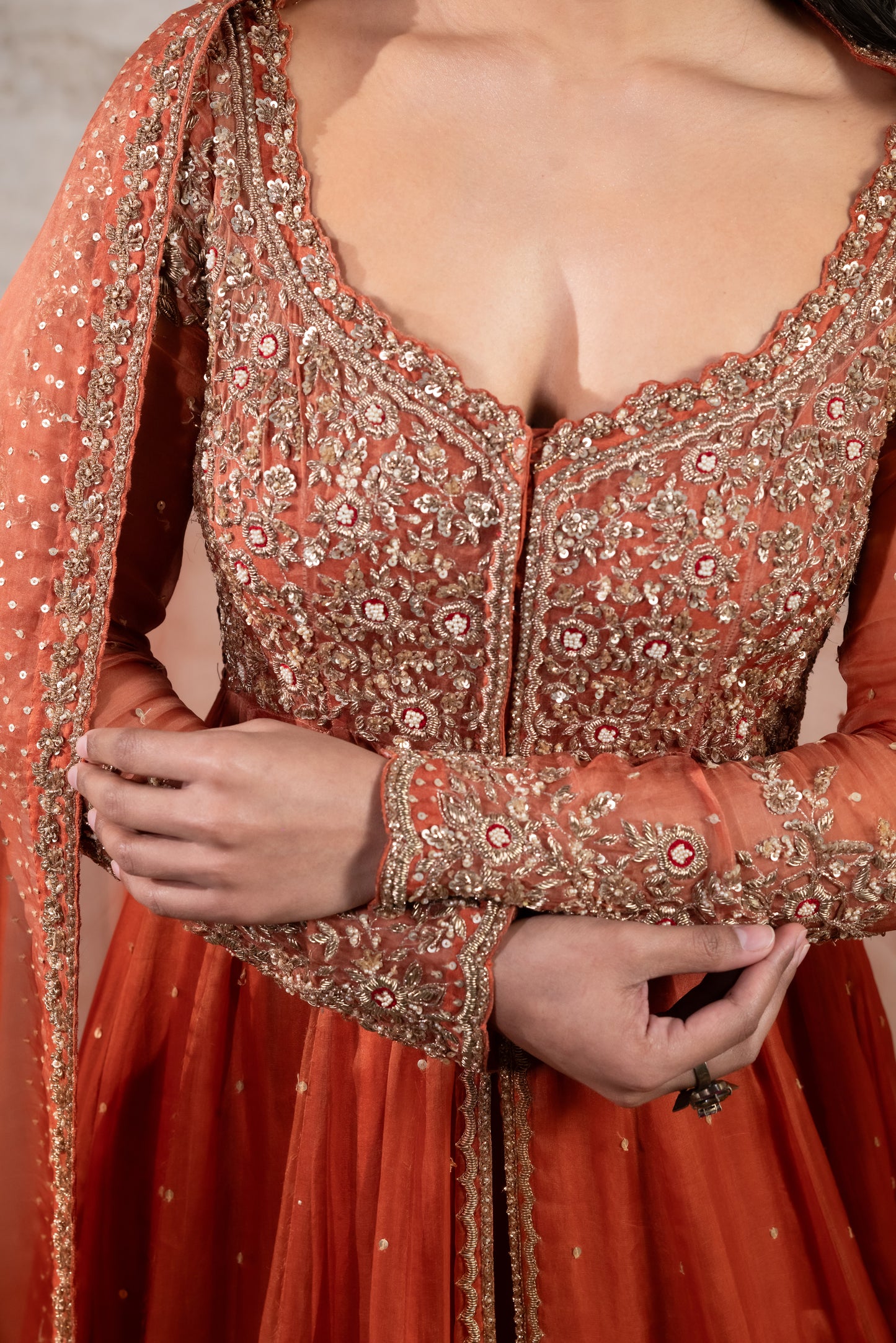 RUST CAPE WITH BUSTIER, SKIRT & DUPATTA