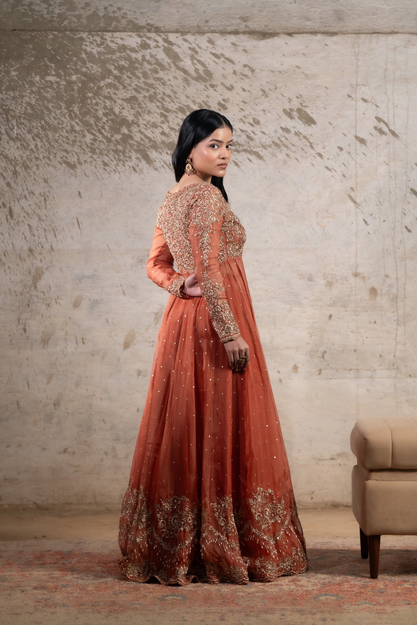 RUST CAPE WITH BUSTIER, SKIRT & DUPATTA