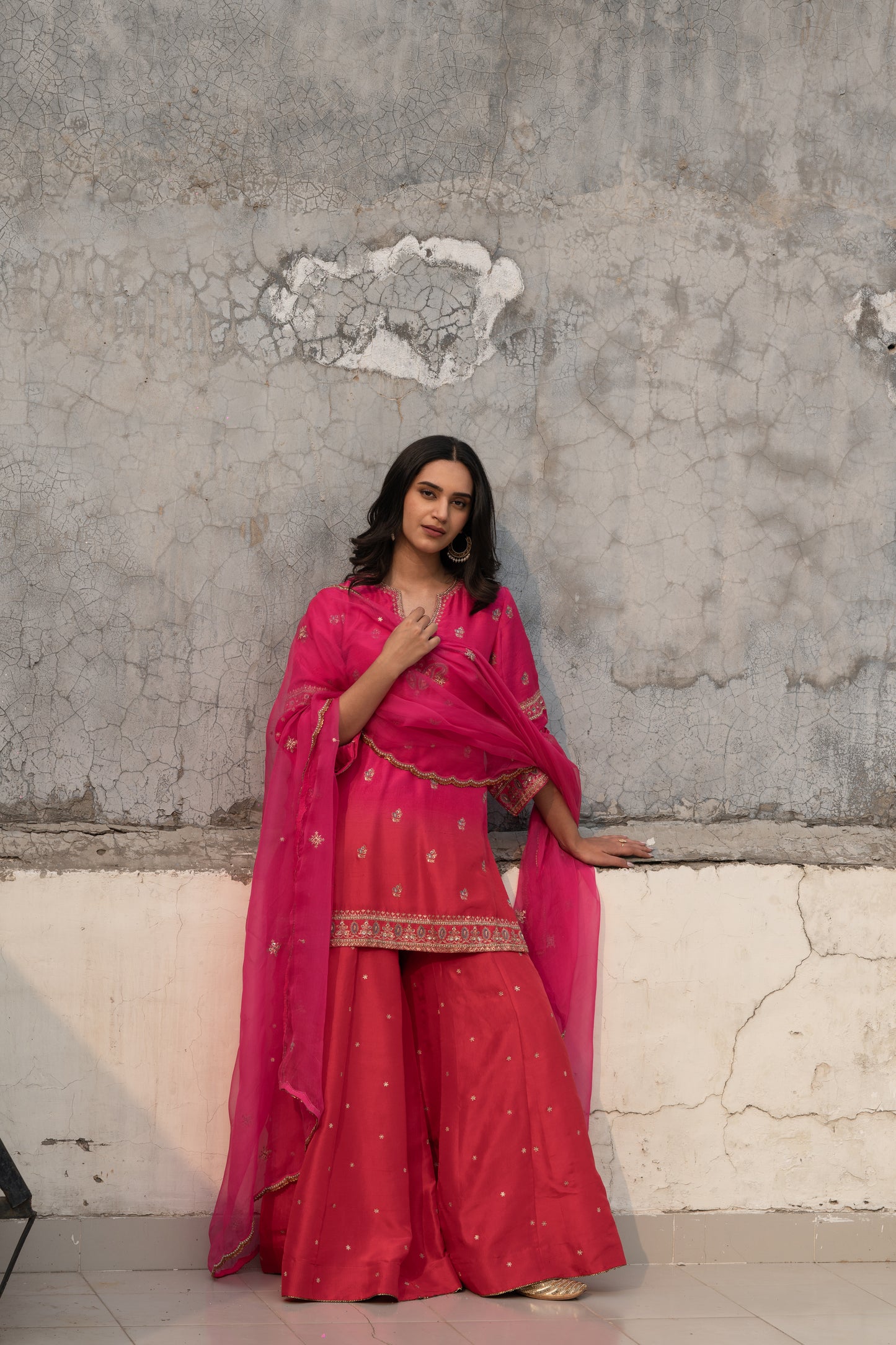PINK & RED OMBRE SILK SHARARA SET