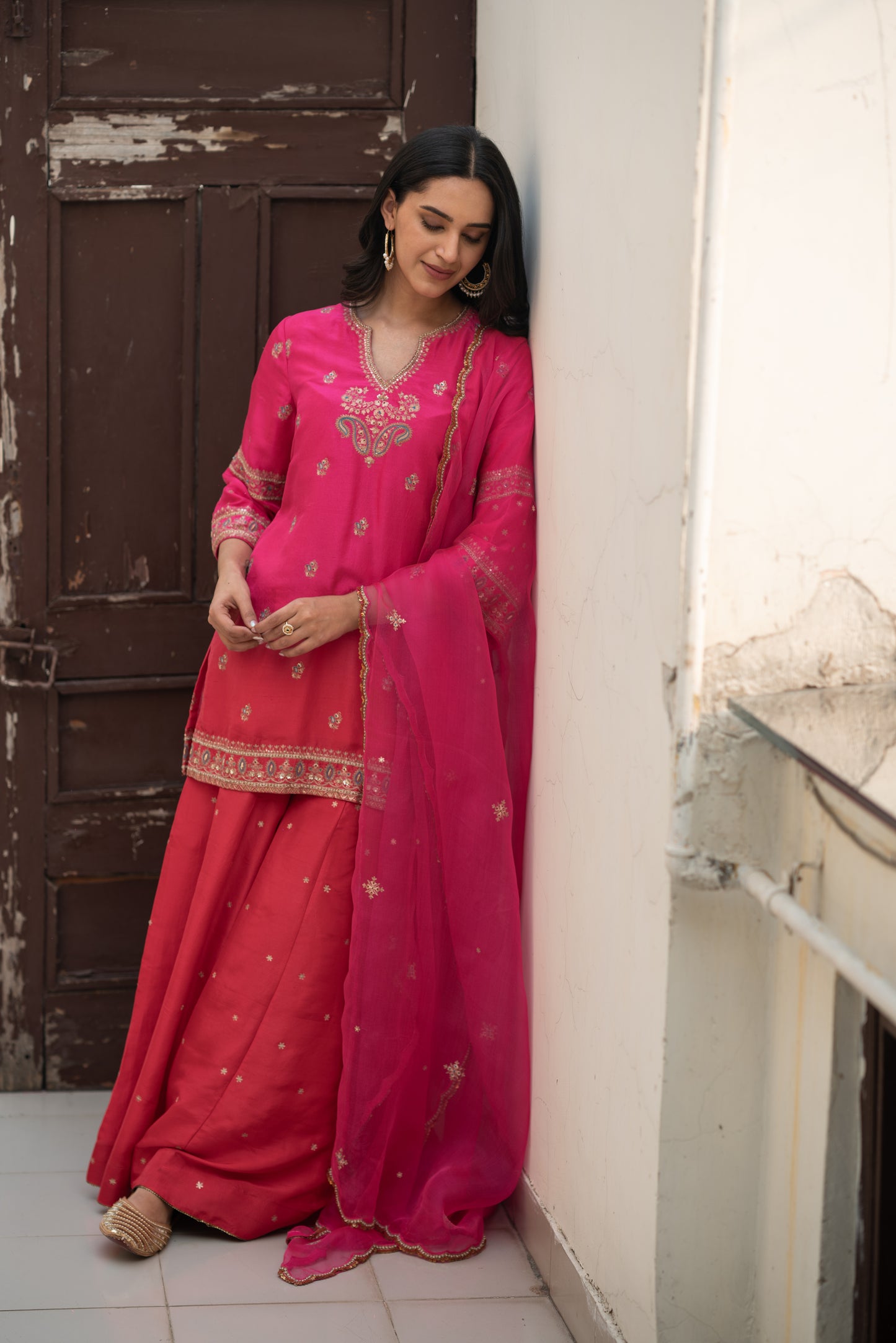 PINK & RED OMBRE SILK SHARARA SET