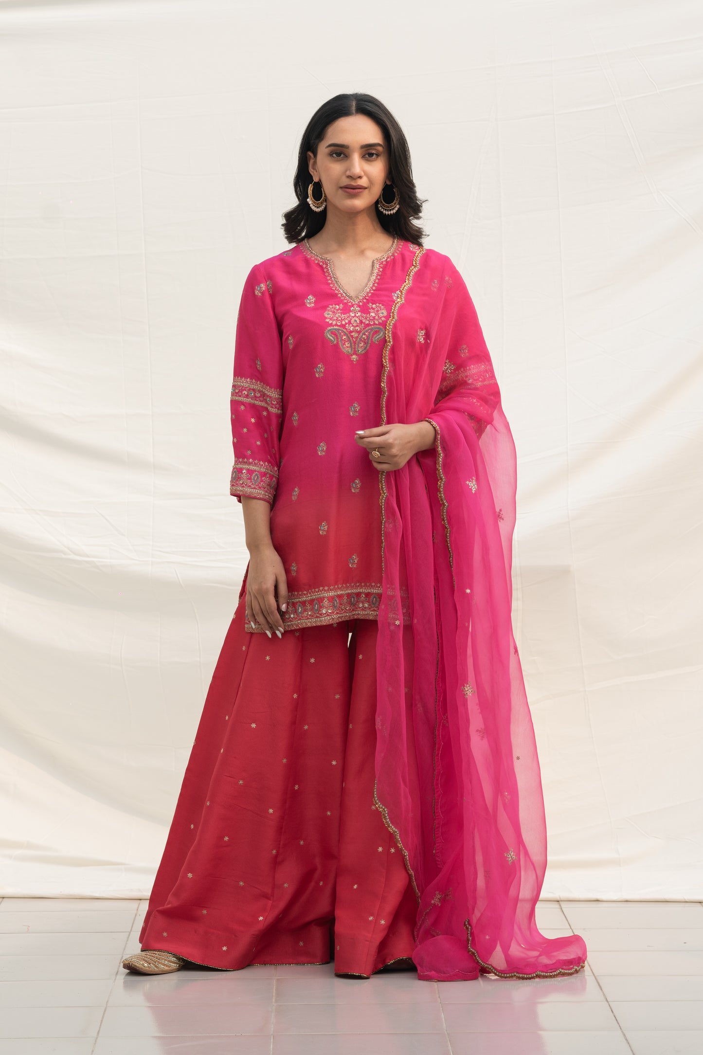 PINK & RED OMBRE SILK SHARARA SET