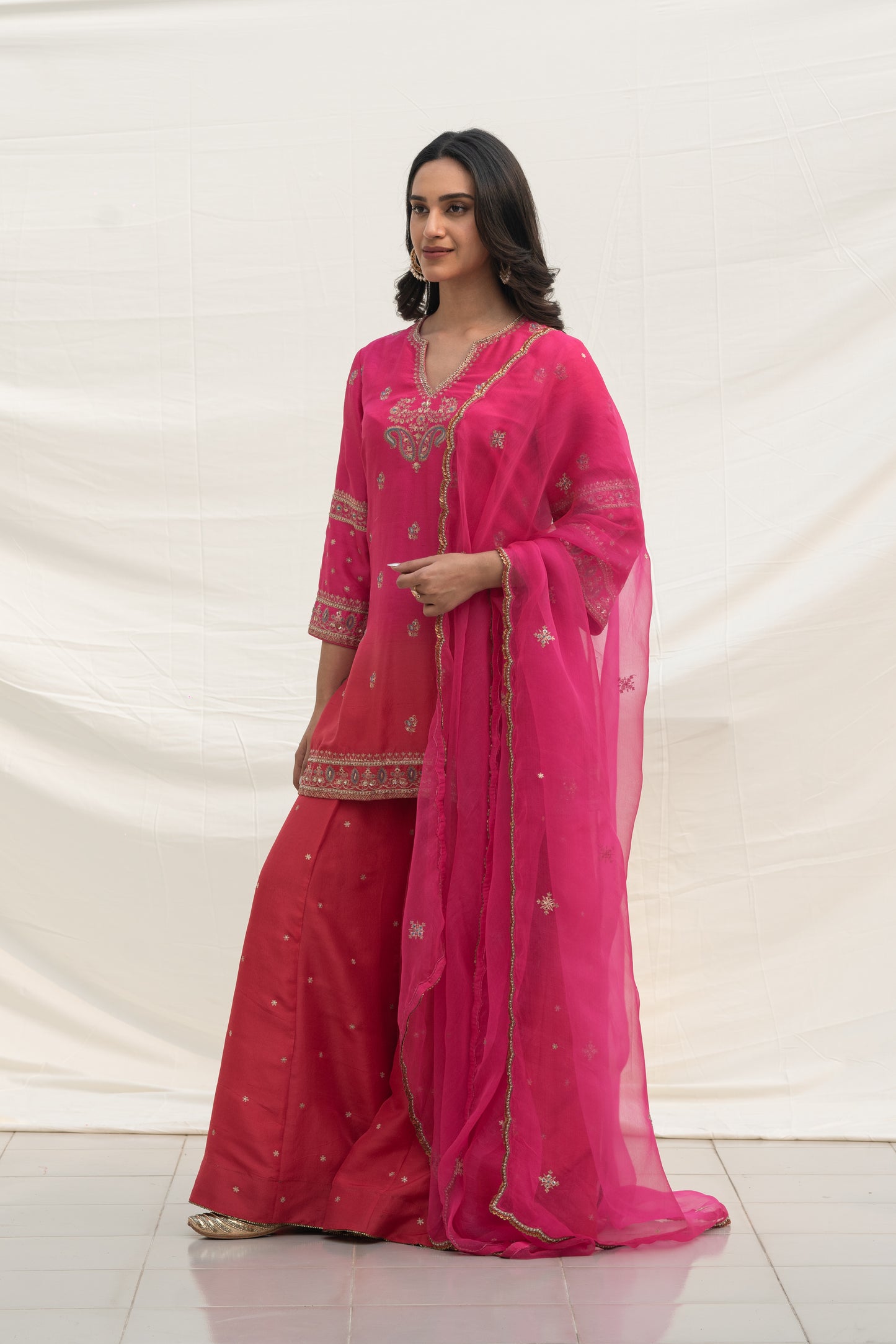 PINK & RED OMBRE SILK SHARARA SET