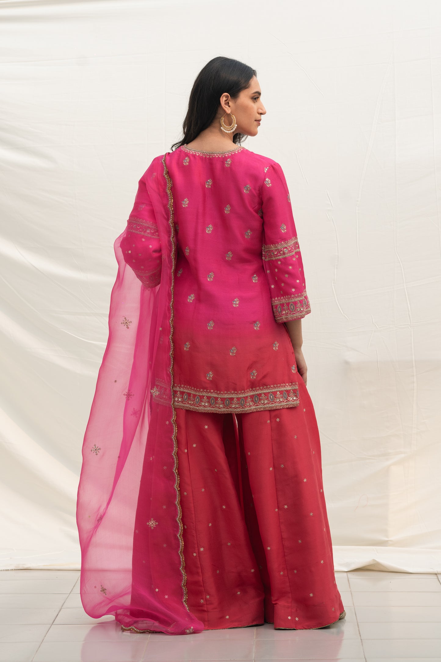 PINK & RED OMBRE SILK SHARARA SET