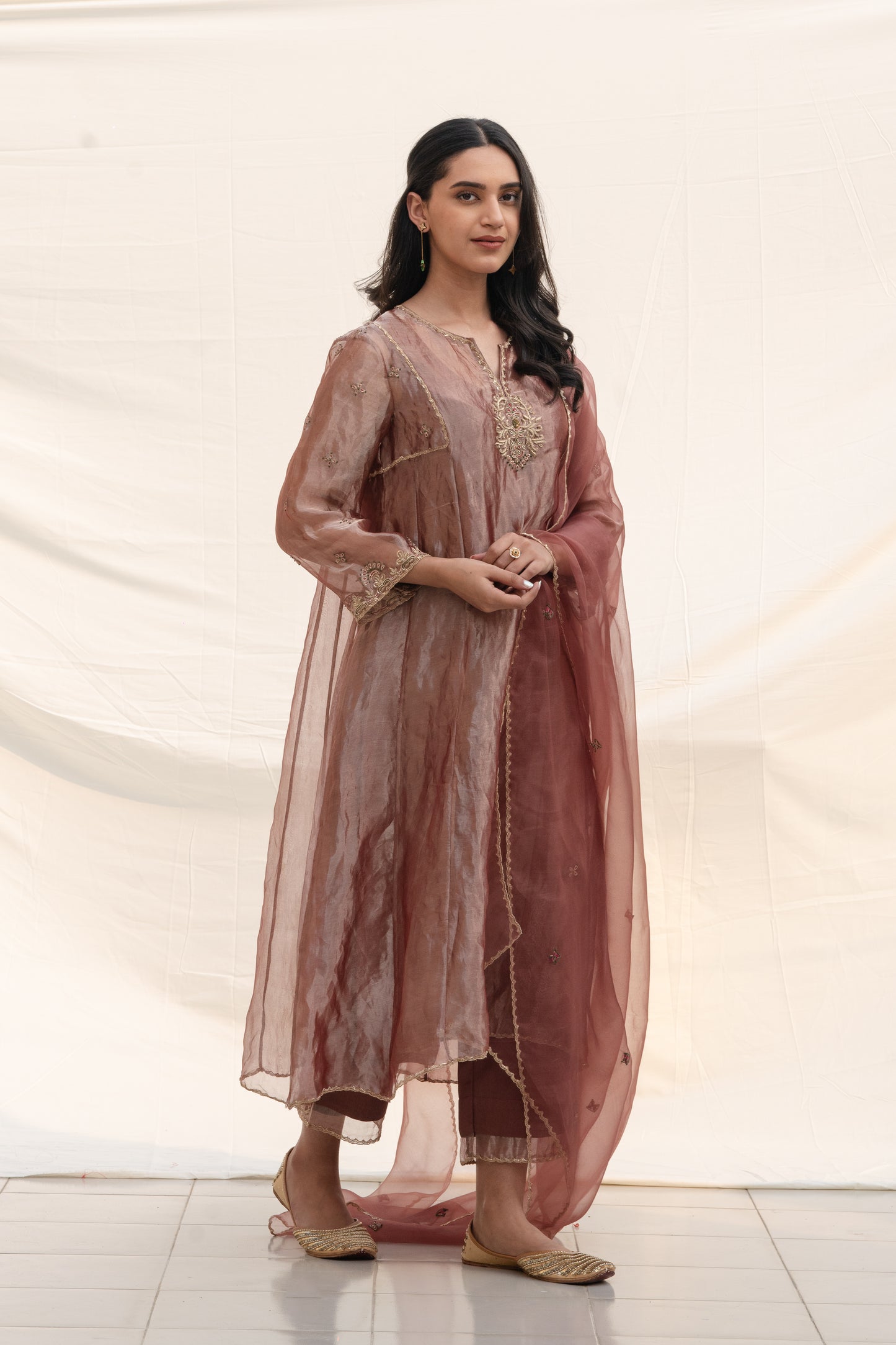 ROSY NUDE SILK TISSUE KALIDAR SUIT SET