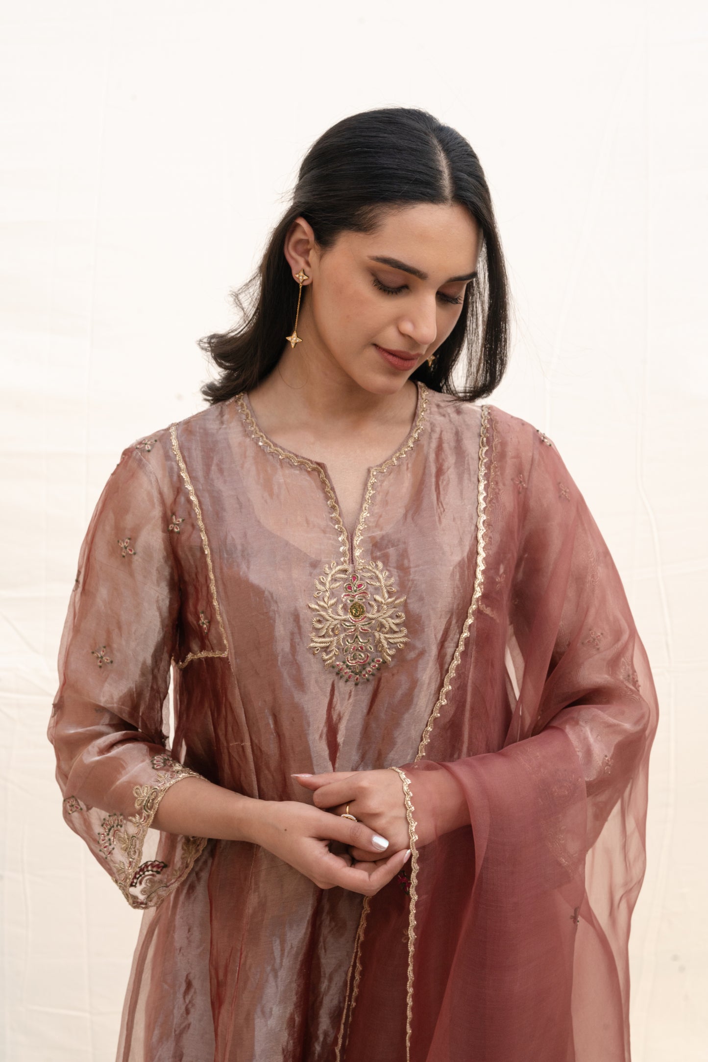 ROSY NUDE SILK TISSUE KALIDAR SUIT SET