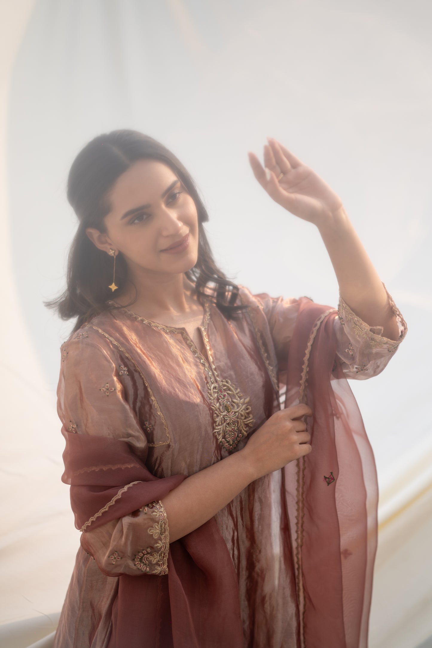 ROSY NUDE SILK TISSUE KALIDAR SUIT SET