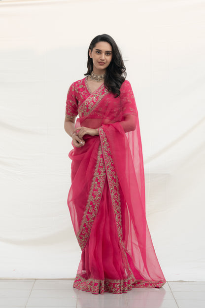 DEEP PINK SILK ORGANZA SAREE