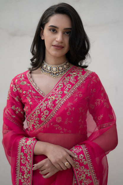 DEEP PINK SILK ORGANZA SAREE