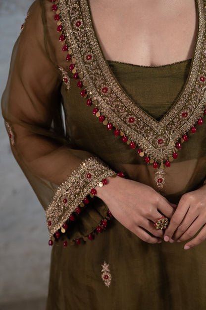 OLIVE GREEN SILK ORGANZA KURTA SET