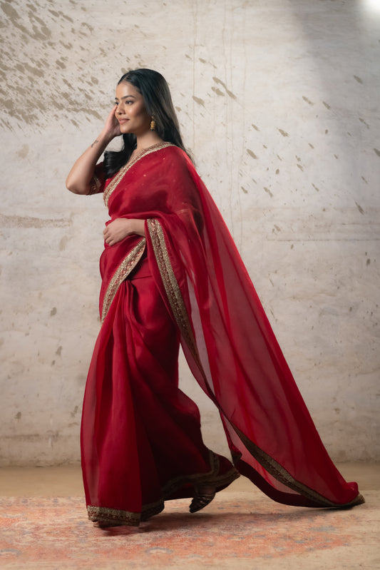 RUBY RED SILK ORGANZA SAREE