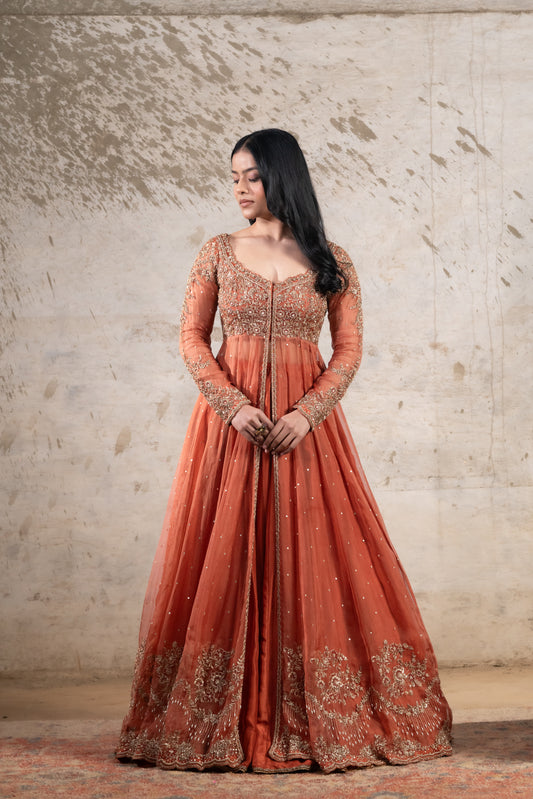 RUST CAPE WITH BUSTIER, SKIRT & DUPATTA