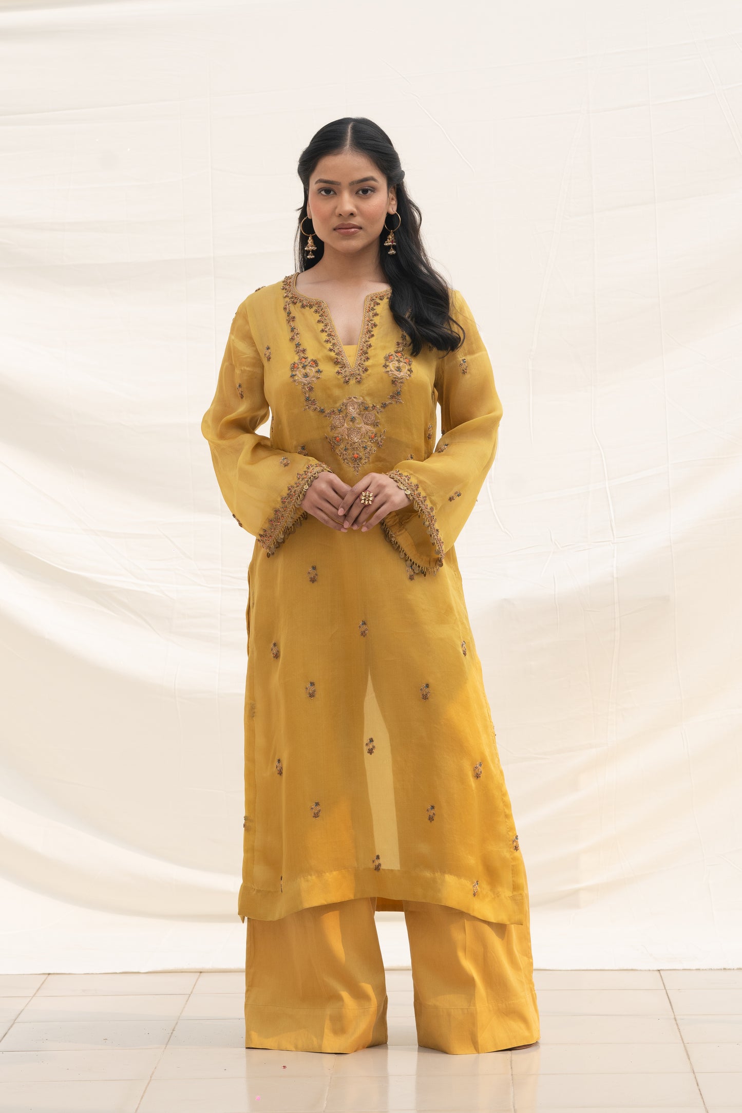 BISCOTTI YELLOW SILK ORGANZA KURTA SET