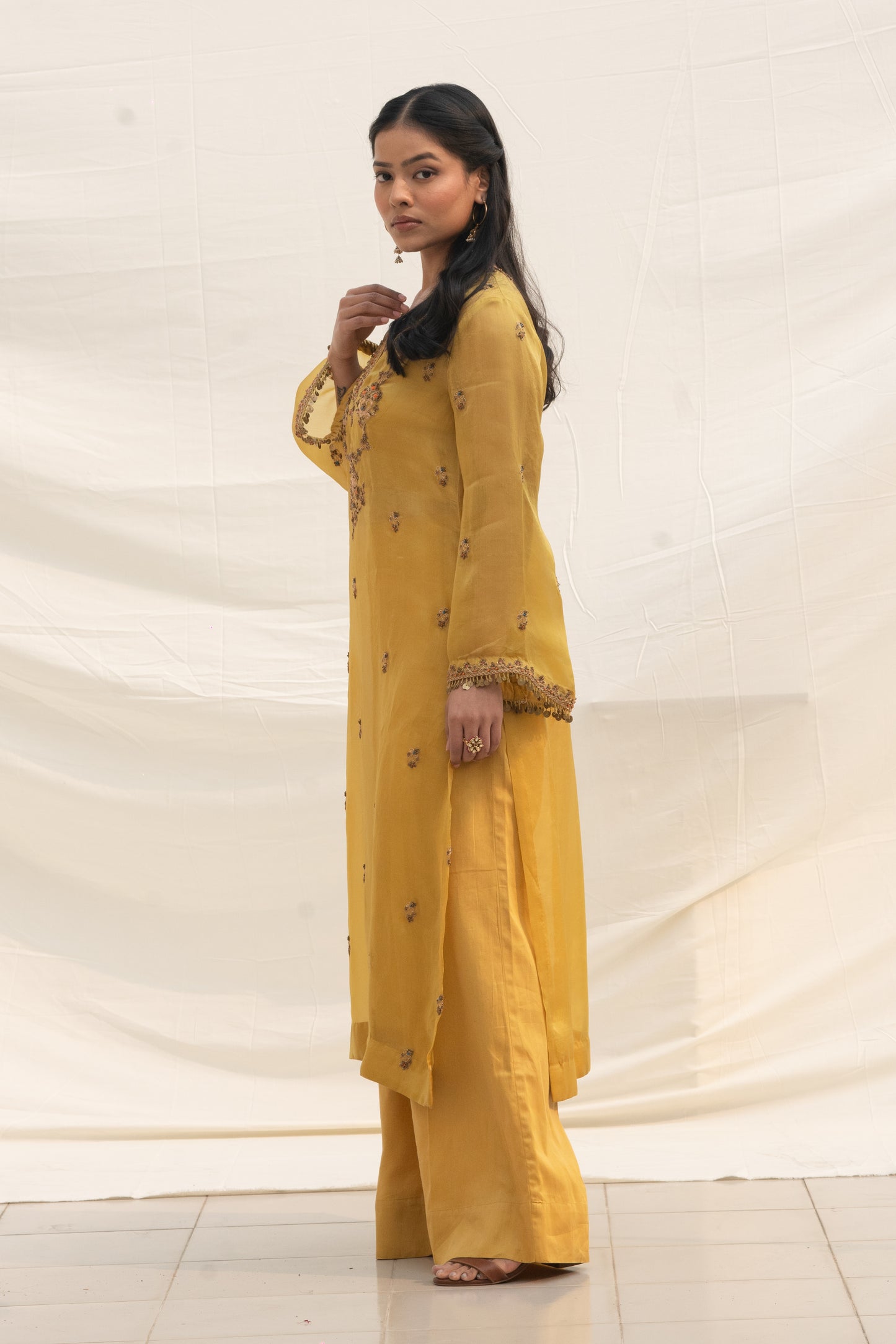 BISCOTTI YELLOW SILK ORGANZA KURTA SET