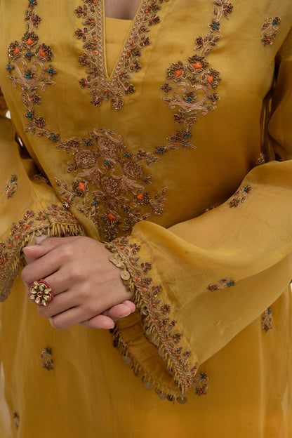 BISCOTTI YELLOW SILK ORGANZA KURTA SET
