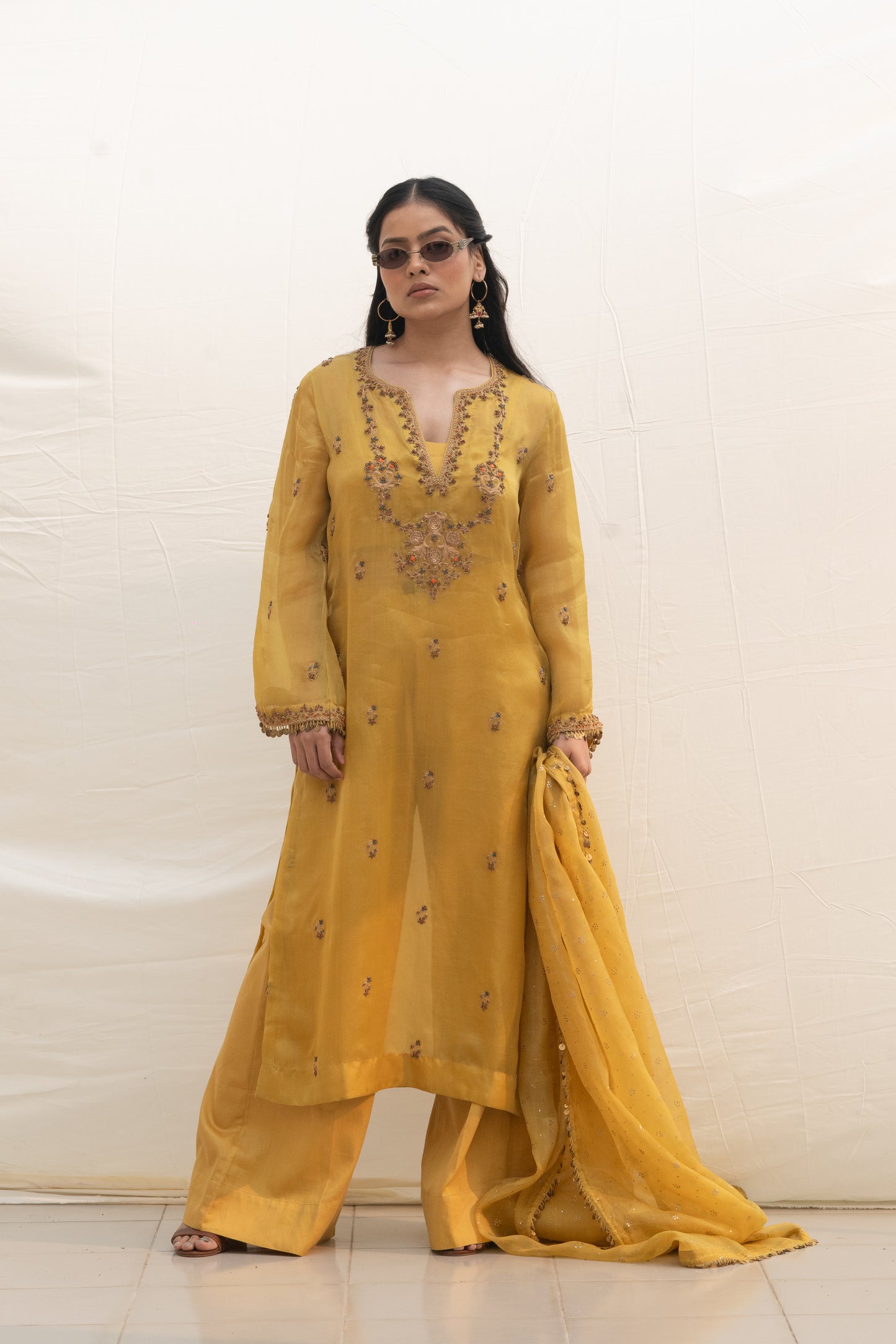 BISCOTTI YELLOW SILK ORGANZA KURTA SET